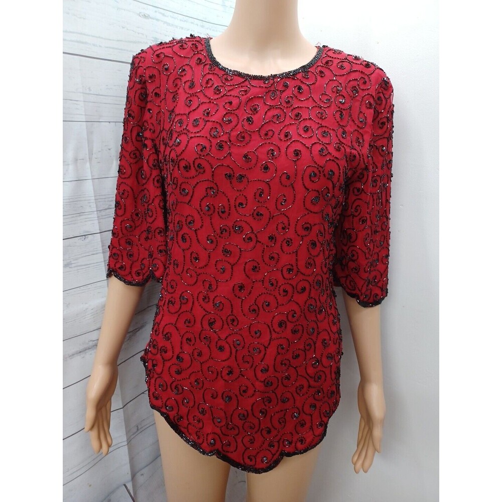 Praise Hymn Fashions  Womens Red Sequined Blouse Top Silk XS Scalloped